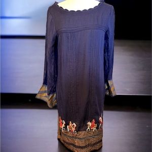 Sana Safinaz unique embroidery and sleeves‎ navy tunic, ruched chest sz medium